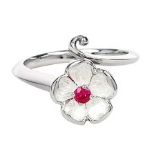 This eye-catching white Vitreous enamel on sterling silver with a genuine ruby in the center. Elegant Butterfly Birthstone Jewelry, Sterling Silver Butterfly Birthstone Jewelry, Silver Butterfly Jewelry With Birthstone, Delicate Sterling Silver Petal Jewelry, White Gold Flower Shaped Jewelry With Birthstone, White Gold Birthstone Jewelry With Flower Shape, White Gold Birthstone Jewelry In Flower Shape, Silver Delicate Petal-shaped Jewelry, Delicate Silver Petal-shaped Jewelry