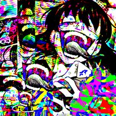 an abstract painting of a woman with black hair and glasses, holding a cell phone in her hand