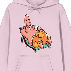 Channel your inner starfish whenever you wear this men’s hoodie! The officially licensed SpongeBob Squarepants sweatshirt has been custom-designed to feature a big colorful graphic of Patrick lounging on a beach chair—an iconic image that’s sure to catch the eye of other fans! Its soft pink hue makes it a versatile addition to your wardrobe, while the attached hood keeps you cozy and stylish in cooler weather. Crafted from a high-quality blend of 60% cotton and 40% polyester, the hoodie ensures Fleece Hoodie Sweatshirt With Character Print, Character Print Hoodie Sweatshirt For Fans, Character Print Fan Merchandise Hoodie, Casual Cartoon Print Hoodie For Fans, Pink Casual Hoodie With Character Print, Casual Pink Hoodie With Character Print, Pop Culture Fan Merchandise Hoodie Sweatshirt, Pink Long Sleeve Sweatshirt For Fan Merchandise, Pink Long Sleeve Sweatshirt For Fans