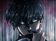 an anime character with black hair and blue eyes holding a cell phone to his ear