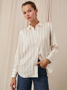 The striped button-down you’ve been searching for. Go from work to the weekend with the ultimate lightweight layer, cut from a supple, shiny twill fabric. With contrasting collars and cuffs reminiscent of heritage styles, this is the button-down you’ll wear this season. Strip Button Up Shirt Outfit, Denim Sweater Jacket, Layer Cut, Denim Sweater, Heritage Fashion, Denim Accessories, Contrast Collar, Casual Suit, Poplin Shirt