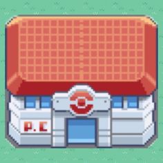 an old school pixel art style building with a red and white roof on it's top