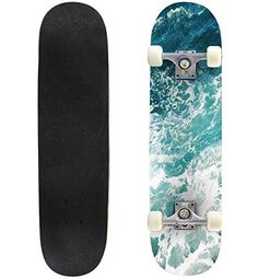 the skateboard is next to an image of water and waves on it's side