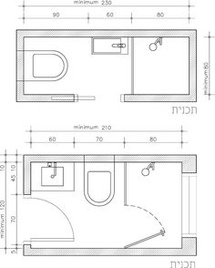 two drawings of a bathroom with toilet, sink and shower in the same drawing style