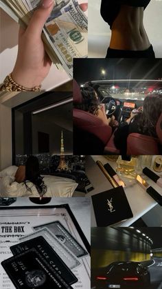 a collage of photos with various items and people in the car, including money