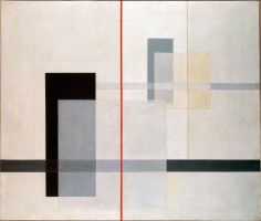 an abstract painting with black, white and grey squares on the bottom half of it