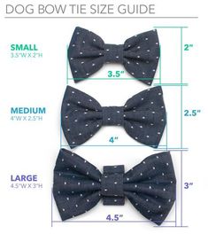 two bow ties are shown with measurements for the size and width in front of them