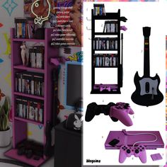 an advertisement for a video game console and bookcase with games on the shelves next to it