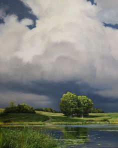 an oil painting of clouds over a lake and trees on the other side with grass in the foreground