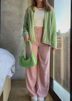 Pastel Jacket Outfit, Pastel Winter Outfit Classy, Outfits With Light Green Pants, Fashion Inspo Outfits Colorful, Pastel Business Outfit, Pastel Color Outfit Ideas, Pastel Color Outfit Casual, Pop Of Colour Outfit, Pastel Outfit Ideas Casual