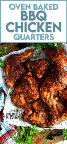 oven baked bbq chicken quarters with text overlay