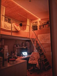 a loft bed with a desk underneath it and ladder to the upper level, next to a laptop computer