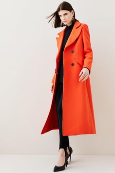 18.01 Italian Virgin Wool Double Breasted Midi Coat - Red Orange - Presenting the Karen Millen x 18.01LONDON collaboration, an optimistic, brightly hued capsule collection of outerwear. Designed to make a statement, expect bold colour clashing in a spectrum of shades.Enlivened with a vibrant orange hue, this sharply tailored coat adds a considered edge to your ensemble. Cut in a longline silhouette and double-breasted design, this classic coat is crafted with soft Manteco Italian wool for added Belted Wrap Coat, Wool Cape Coat, Orange Coat, Fitted Coat, Wool Coats, Tailored Coat, Classic Coat, Longline Coat