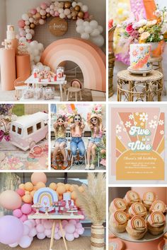 a collage of photos with pink, orange and yellow decorations on them including balloons, cake, cupcakes, candy bars, and other items