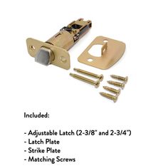 brass plated latch with screws and bolts on the front, including an adjustable latch