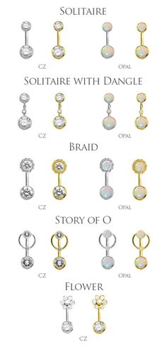 different types of piercings with names and pictures on them, including an opi earring