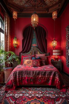 29 Red Boho Bedroom Ideas For Your Imagination 8 Red Boho Bedroom, Bedroom Ideas Red, Maximalist Bedroom Ideas, Moroccan Inspired Bedroom, Maroon Walls, Thrifting Tips, Maximalist Bedroom, Vintage Makeover