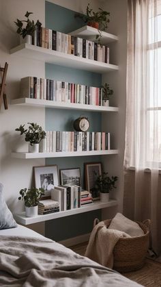 a bedroom with bookshelves and plants on the shelves in front of the window