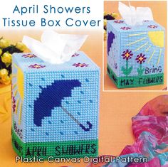 this is an image of a tissue box cover with flowers and an umbrella on it