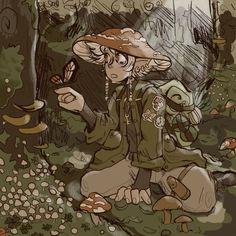 a drawing of a person sitting on the ground with mushrooms in front of her and one hand holding something up to their head