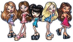 four cartoon girls with different hair colors and shoes