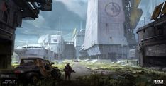 a sci - fi city scene with a man standing in the foreground and an army vehicle on the other side