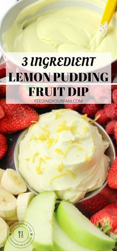 lemon pudding in a bowl with fruit dip