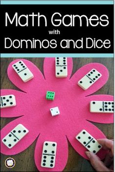 a pink flower with dominos and dice on it that says math games with dominos and dice