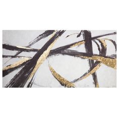 an abstract painting with gold and black lines