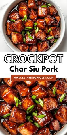 the recipe for crockpot char siu pork is shown in a white bowl