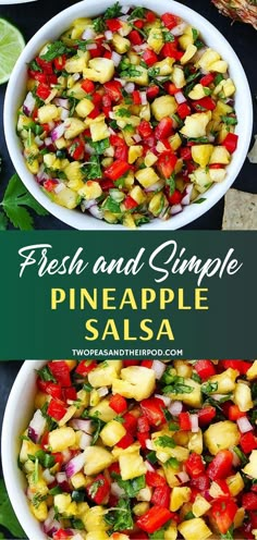 two bowls filled with pineapple salsa on top of a table