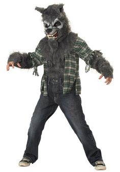 a young boy dressed in a wolf costume