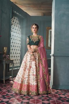 Buy Pure Silk Printed Lehenga Choli in Off White Panelled Lehenga, Lehenga Online Shopping, Bollywood Lehenga, Lehenga Wedding, Green Lehenga, Lehenga Online, Choli Designs, Lehenga Choli Online, Utsav Fashion