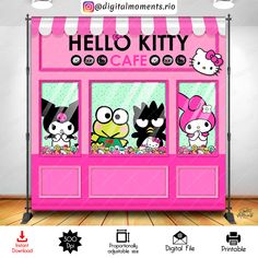 a pink hello kitty cafe with cartoon characters