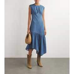 Crafted From Pure Cotton, This Piece From Frame Perfectly Taps Into The Western Trend That Has Characterised The Past Few Seasons, From Its Denim Composition To Its Mid-Wash Hue. The Dress Features An Asymmetric Hem And Gathered Detailing For A Ruffled And Fun Approach To A Classic Denim Dress. Great Condition Overall, Small Flaw Shown See Last Pic Chic Denim Dress With Asymmetrical Hem, Fitted Asymmetrical Denim Dress, Fitted Denim Dress With Asymmetrical Hem, Blue Denim Dress With Asymmetrical Hem, Summer Truffle, Western Trend, Denim Midi Dress, Midi Denim, Short Coat Jackets