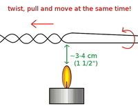 a candle is shown with an arrow pointing towards the flame and then going through it