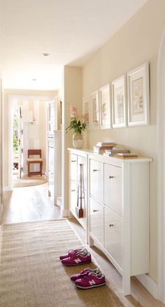 there is a pair of shoes on the floor in front of a white cabinet and door