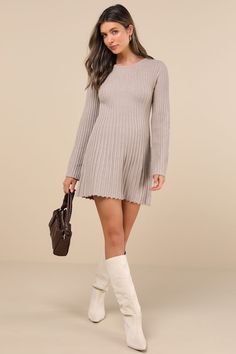 Winter style just got a little more chic with the arrival of the Lulus Convincing Poise Beige Ribbed Long Sleeve Skater Mini Dress! Midweight ribbed knit shapes this sweet little dress that has long, slightly flaring sleeves and a crew neckline. Figure-hugging silhouette continues down to a flattering waist and ends at a skater-style mini skirt. Fit: This garment fits true to size. Length: Mid-thigh. Size medium measures 32.75" from shoulder to hem. Bust: Great for any cup size. Waist: Fitted - Chic Ribbed Mini Dress For Spring, Chic Sweater Dress With Ribbed Neckline For Fall, Ribbed Knit Mini Sweater Dress, Knee-length Ribbed Knit Sweater Dress, Chic Soft Knit Sweater Dress For Spring, Chic Ribbed Knit Dresses, Ribbed Knee-length Dress For Day Out, Casual Ribbed Mini Sweater Dress, Beige Long Sleeve Ribbed Sweater Dress