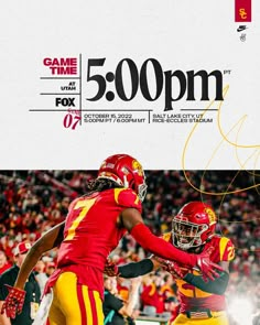 two football players in red and yellow uniforms with the words game time 500pm on it