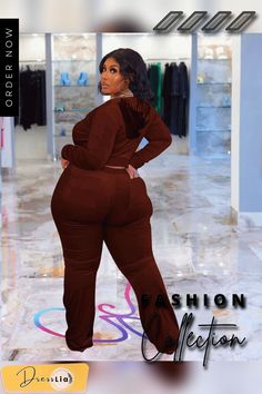 Plus Size Velvet Hooded Jacket Wide Leg Pants Suit Brown Long Sleeve Winter Sets, Brown Winter Sets With Pockets, Fitted Hooded Tracksuit For Fall, Hooded Solid Color Sets For Fall, Hooded Solid Sets For Fall, Stretch Tracksuit With Pockets For Fall, Fitted Hooded Sets For Fall, Fitted Sets For Fall Streetwear, Stretch Tracksuit For Fall