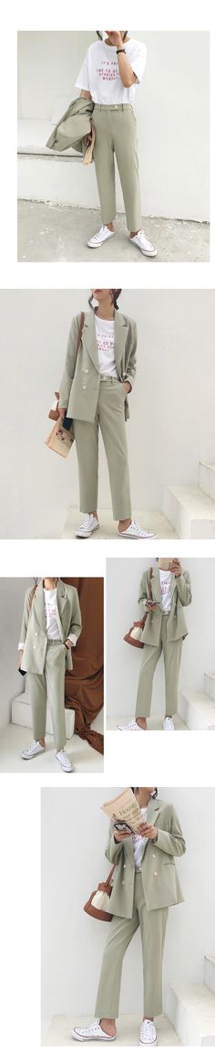 Vintage Autumn Winter Light Green Blazer Jacket And Pants Office Wear Suits Spring Office Wear, Women Pant Suit, Winter Office Wear, Backless Shirt, Womens Black Pants, Women Suits, Office Wear Women, Womens Camisoles, Pantsuits For Women