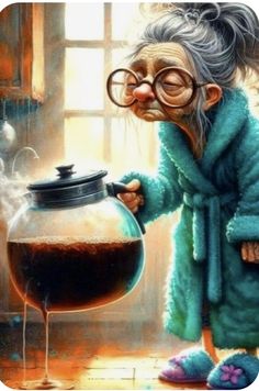 an old woman with glasses is holding a pot and looking at the liquid in it