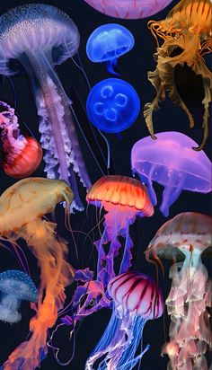 many different colored jellyfish floating in the water