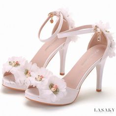 Lasaky - White Floral Fish Mouth Sandals with Slim Heels and Buckle Straps, Ideal for Weddings and Casual Events. White Sandals For Summer Prom, White Sandals For Prom In Spring, Wedding Sandals With Heel Strap In Synthetic, Wedding Sandals With Heel Strap In Synthetic Material, Elegant Sandals For Bridal Shower In Spring, Wedding Sandals With Heel Strap, White High Heel Sandals For Bridal Shower, Spring Open Toe Heels For Bridal Shower, Open Toe Synthetic Wedding Shoes