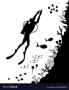 a scuba diver diving in the sea with fish and plants silhouetted on a white background