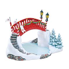 a christmas scene with a red bridge and snow covered trees in the foreground on a white background