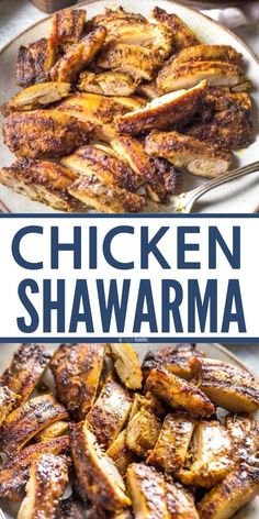 chicken shawarma on a plate with the words chicken shawarma above it