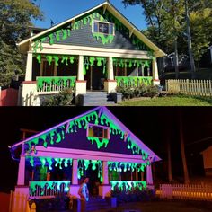 two houses with green and purple lights on the front, and one is decorated for halloween