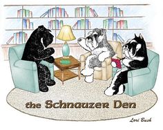 the schnauzer den has three dogs sitting on couches in front of bookshelves