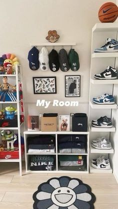 a room filled with lots of different types of shoes on shelves next to a basketball ball